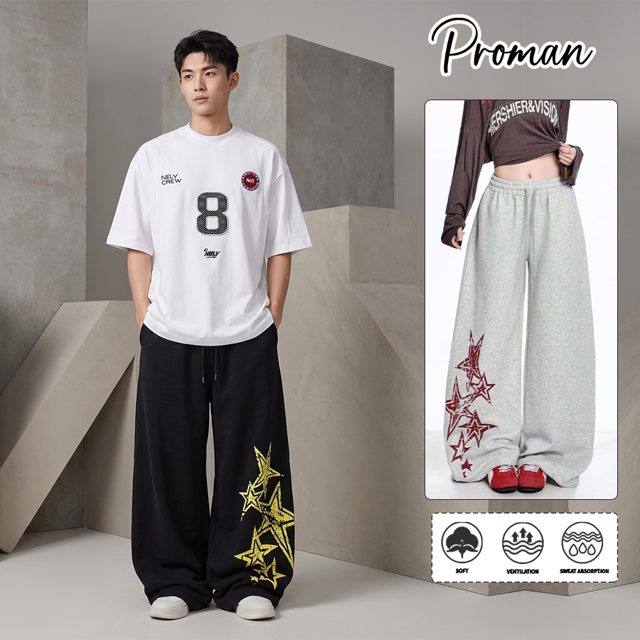 PROMAN กางเกงขายาวลายดาวผู้ชาย  เข็มขัดกางเกงยืด  ดูดีเข้ากับทุกสไตล์  กระแส   ผ่อนคลาย  M-3XL