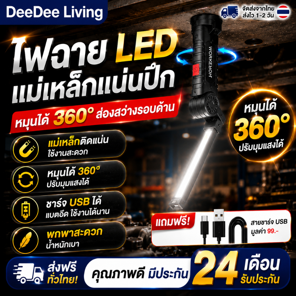DeeDee โคมไฟ LED ไฟฉายทำงาน USB แม่เหล็ก ขนาดเล็ก แบบพกพา ชาร์จ Type C สําหรับซ่อมแซมรถบรรทุก รถยนต์ มีไฟข้าง