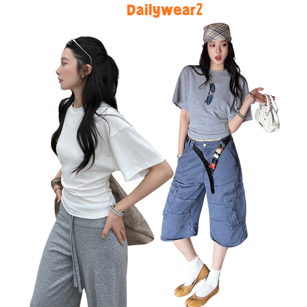 Dailywear ✨เสื้อครอปสวมหัวคอกลม สีพื้น ทรงหลวมรัดเอว สไตล์ยุโรปอเมริกา ฤดูใบไม้ผลิ