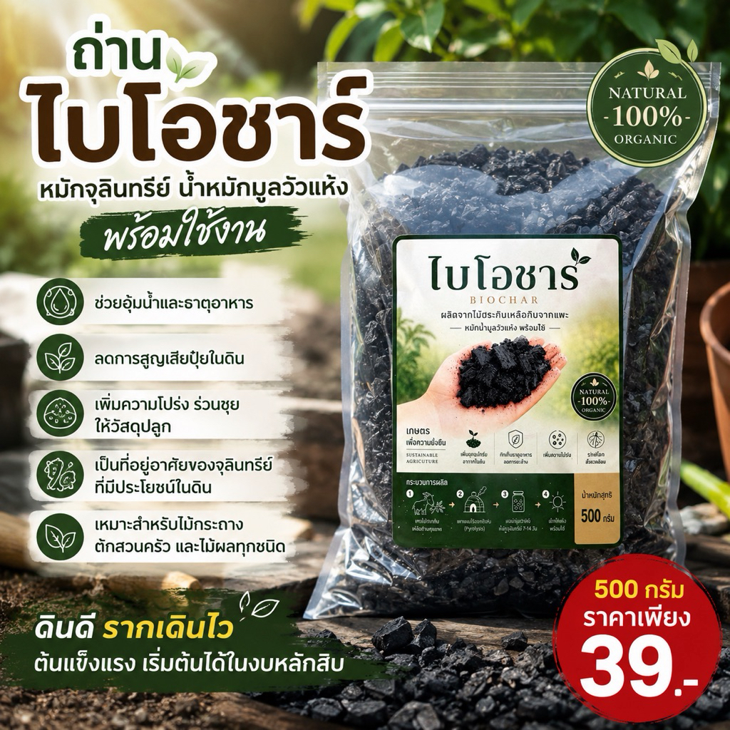ถ่านไบโอชาร์จากไม้กระถิน(พืชตระกูลถั่ว)หมักน้ำจุลินทรีย์มูลวัวแห้ง พร้อมใช้งาน