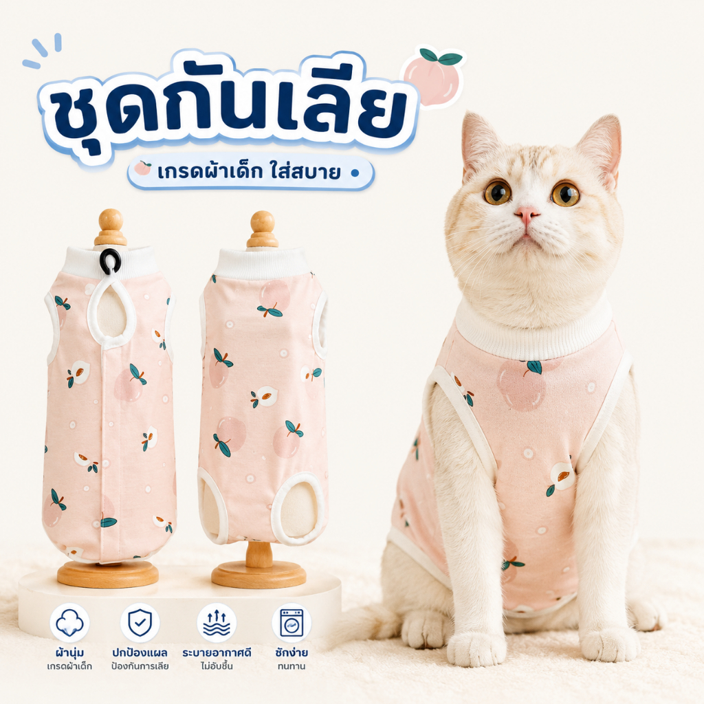 ชุดแมวกันเลีย เกรดผ้าเด็กอ่อน เสื้อผ้าใส่หลังผ่าตัด ทำหมันแมว ผ้านิ่มใส่สบาย