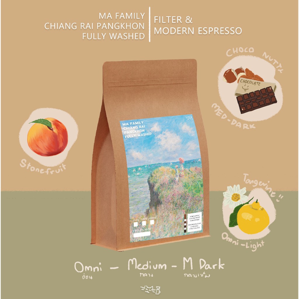 เมล็ดกาแฟคั่ว ไร่กาแฟครอบครัวมะ ปางขอน จ.เชียงราย Washed Process สามระดับคั่ว ขนาด 250g