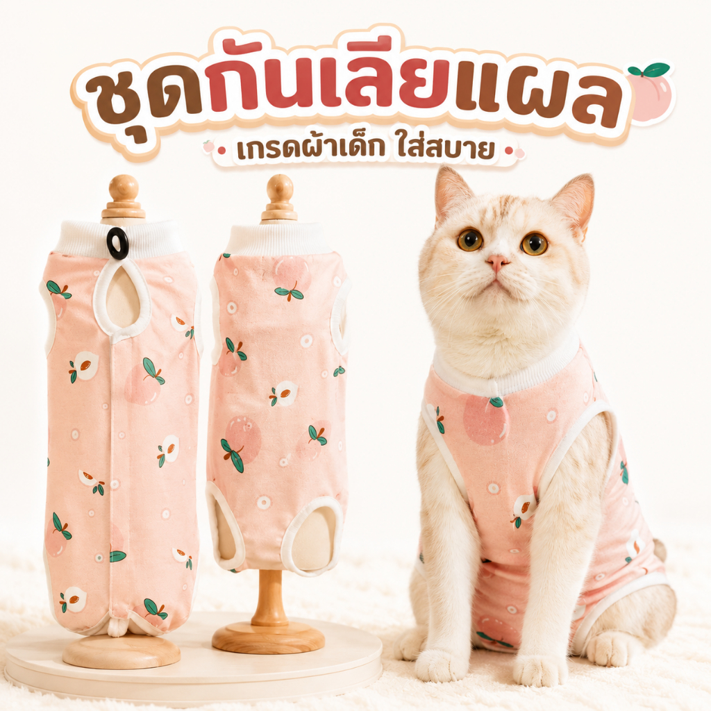 ชุดแมวกันเลีย ผ้าเด็กอ่อน เสื้อผ้าใส่หลังผ่าตัด ทำหมันแมว ผ้านิ่มใส่สบาย