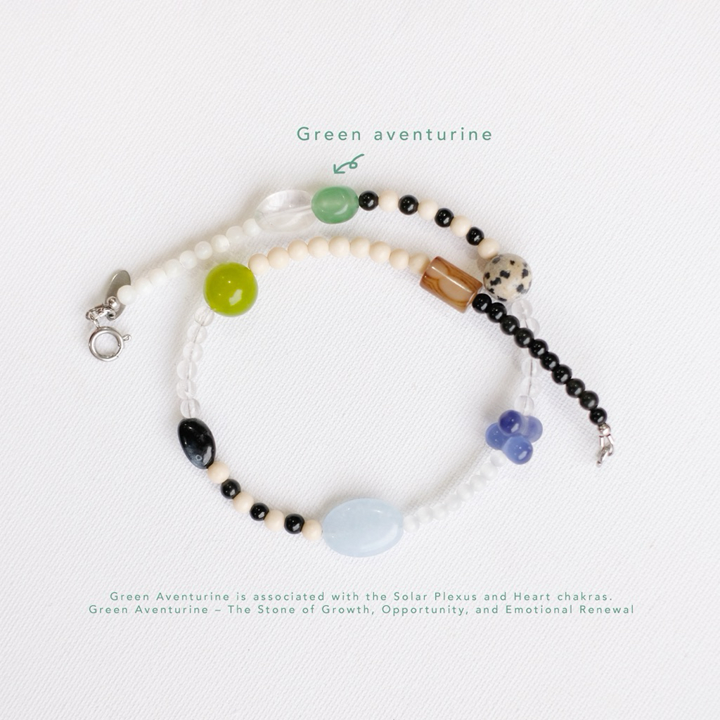 🪲 สร้อยคอหินธรรมชาติ Beetle Garden | Green Aventurine & Quartz Handmade 40cm