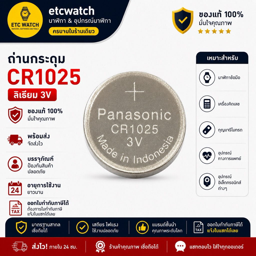 พร้อมส่ง> ถ่านกระดุม Panasonic CR1025 จำนวน 1 ก้อน หรือ 1 แผง 5 ก้อน หมดอายุ 12/2035