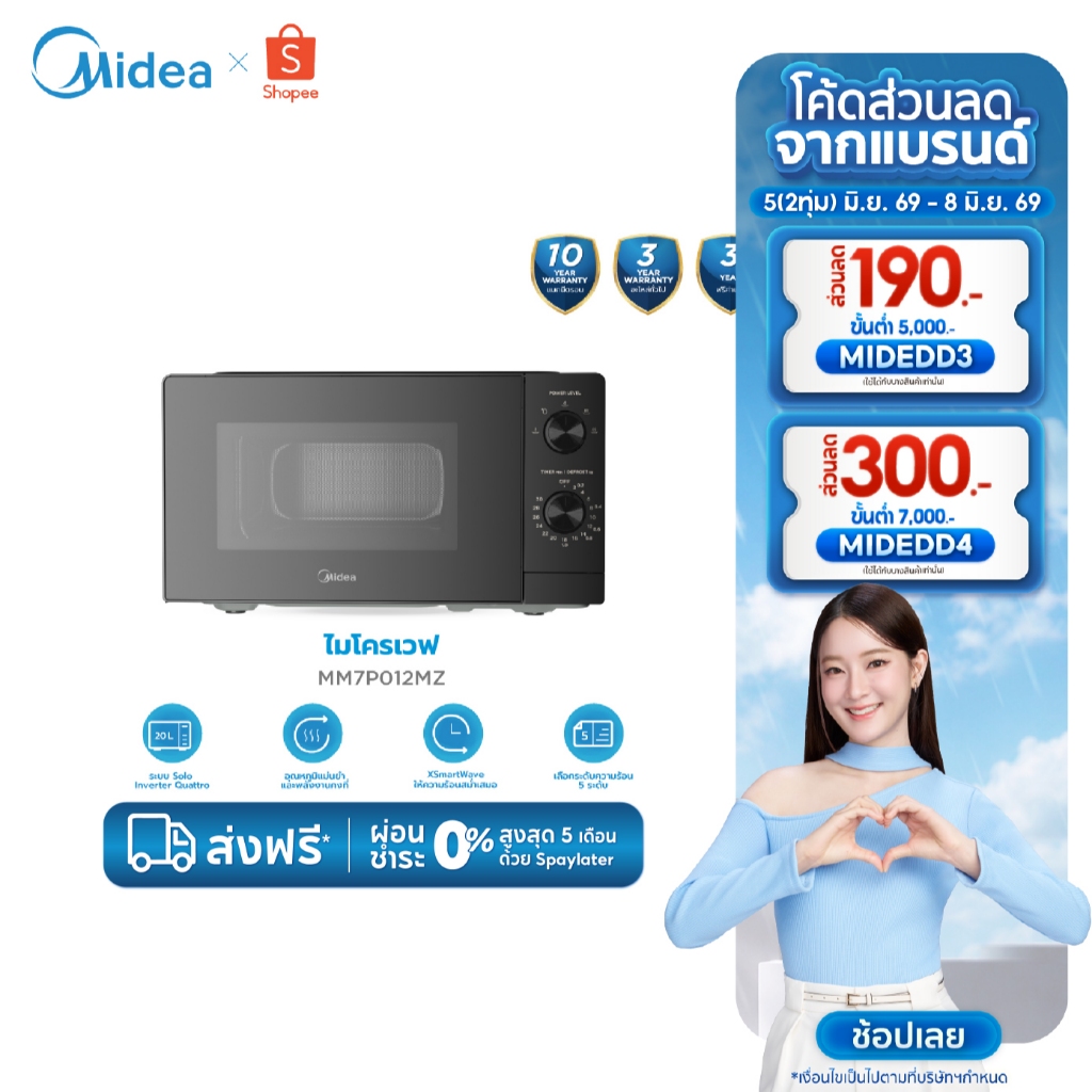(ส่งฟรีทั่วไทย) Midea ไมโครเวฟระบบ inverter ความจุ 20 ลิตร รุ่น MM7P012MZ *รับประกันสินค้า 3 ปี / แมกนีตรอน 10 ปี