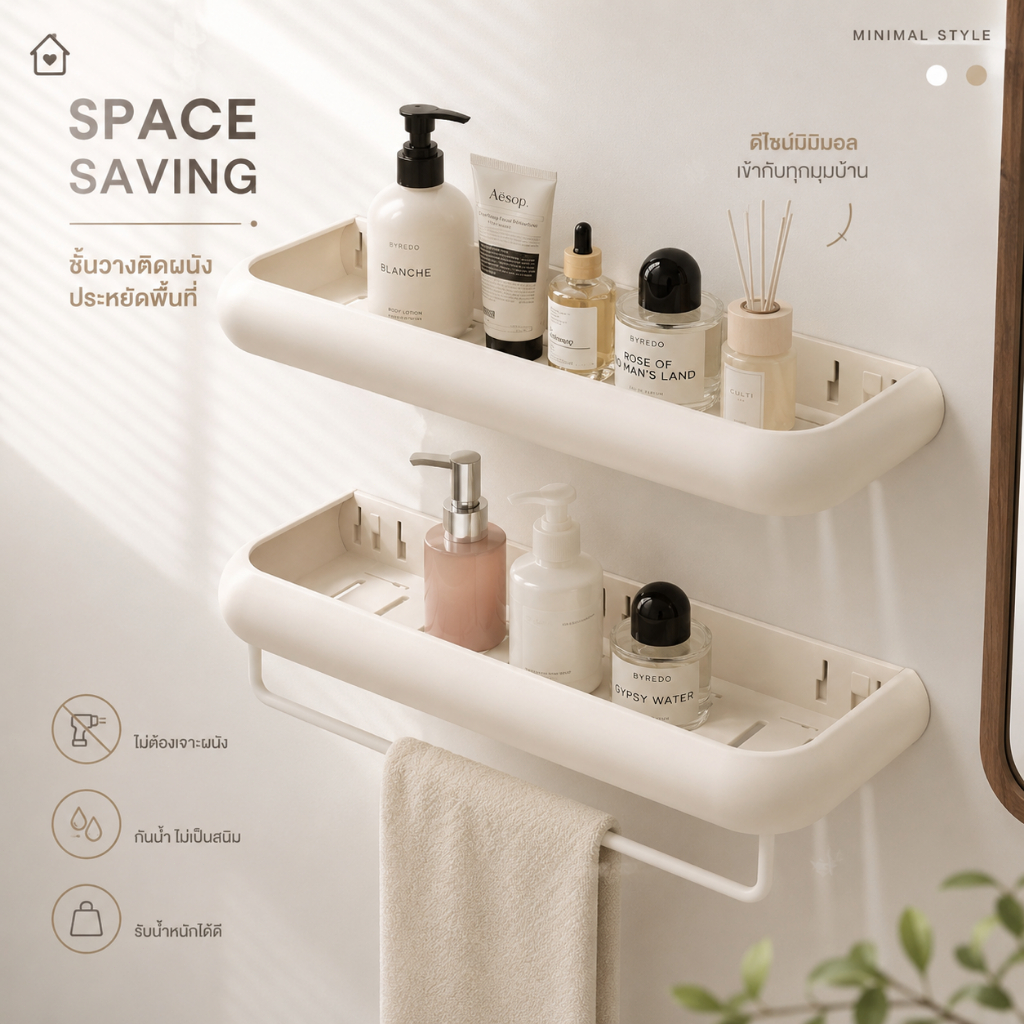ชั้นวางของในห้องน้ำ ที่วางของในห้องน้ำ 30/50ซม ชั้นวางไม่ ชั้นวางของอาบน้ำ มีตะขอเกี่ยวให้ด้วย จำเป็นต้องมีการเจาะ