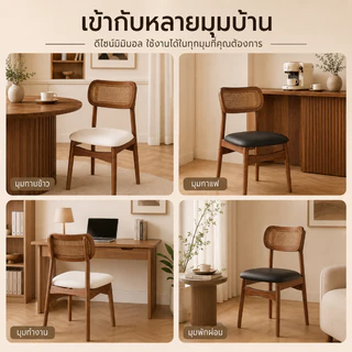 Sweven Home เก้าอี้ เก้าอี้กินข้าว พนักพิงหวาย เบาะนุ่ม เก้าอี้ทานอาหารมินิมอล แข็งแรง มี 2 สี สำหรับบ้าน คาเฟ่ คอนโด