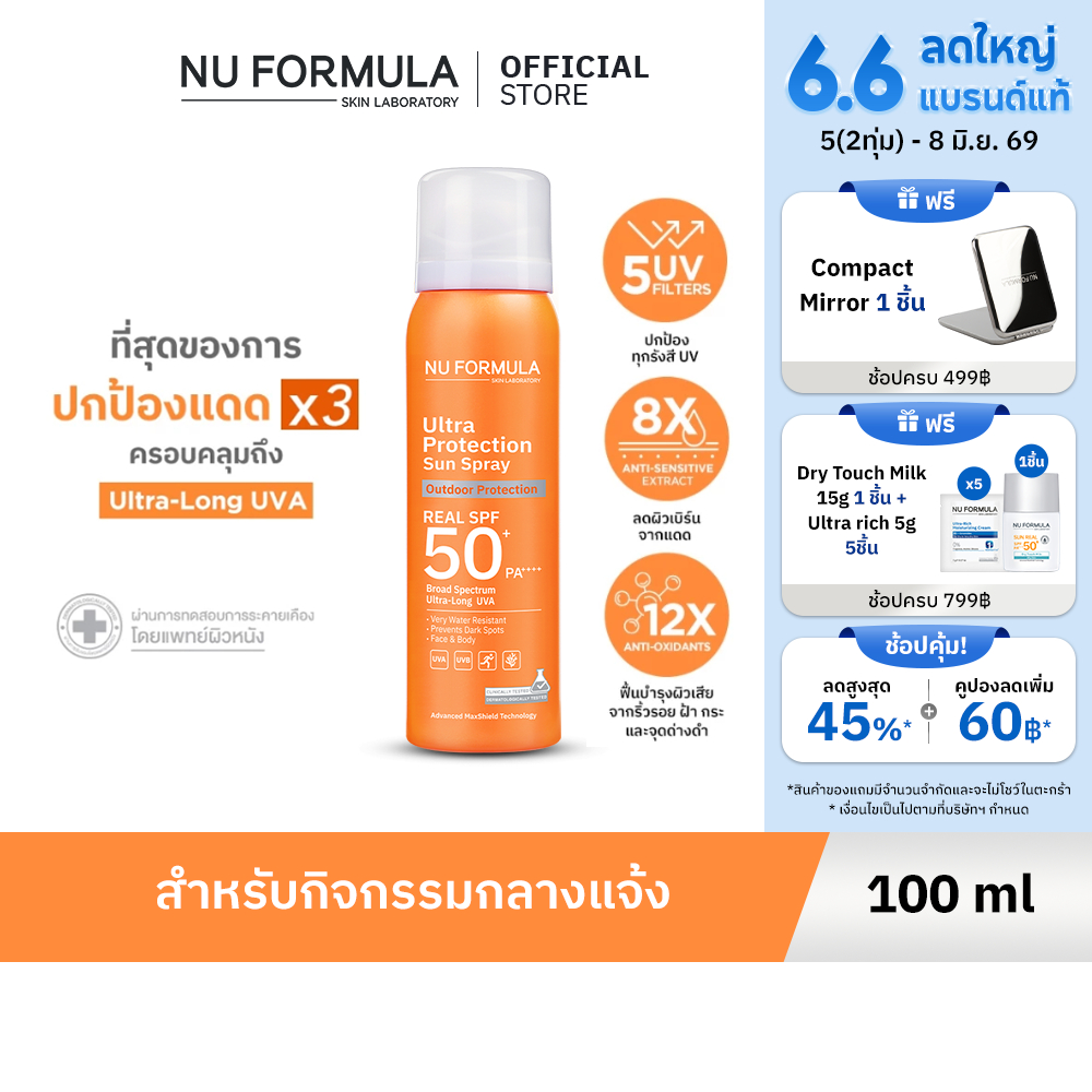 Nu Formula ULTRA PROTECTION SUN SPRAY REAL SPF50+ PA++++ สเปรย์กันแดดนู ฟอร์มูล่า กันน้ำ กันเหงื่อ