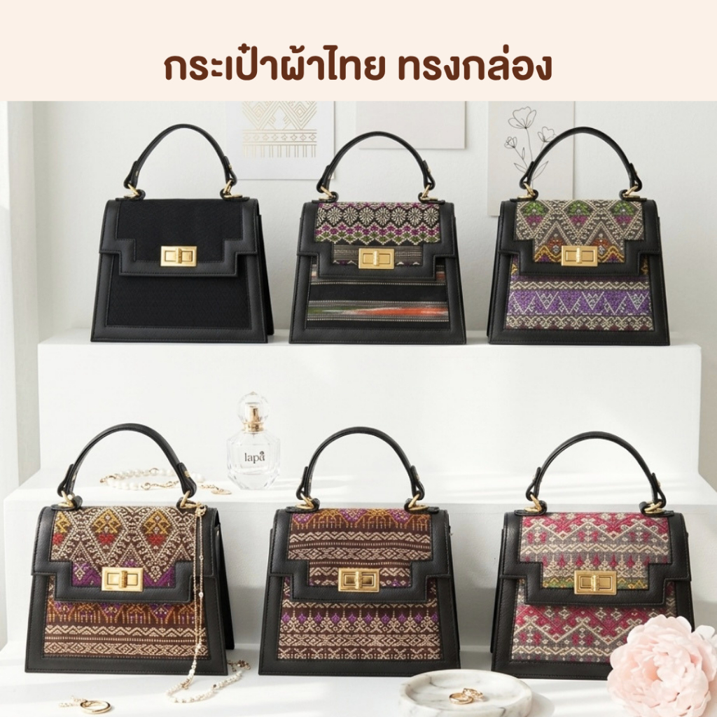(พร้อมส่ง) กระเป๋าผ้าไทย แบรนด์ลภา - ทรงกล่อง แต่งขอบ