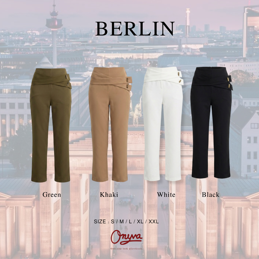 Onyva BERLIN Pants - กางเกงขายาวเอวสูงผู้หญิง กางเกงกระบอกเล็กทรงบอย ดีไซน์แต่งหัวเข็มขัดทอง ทรงสวย S-XXL