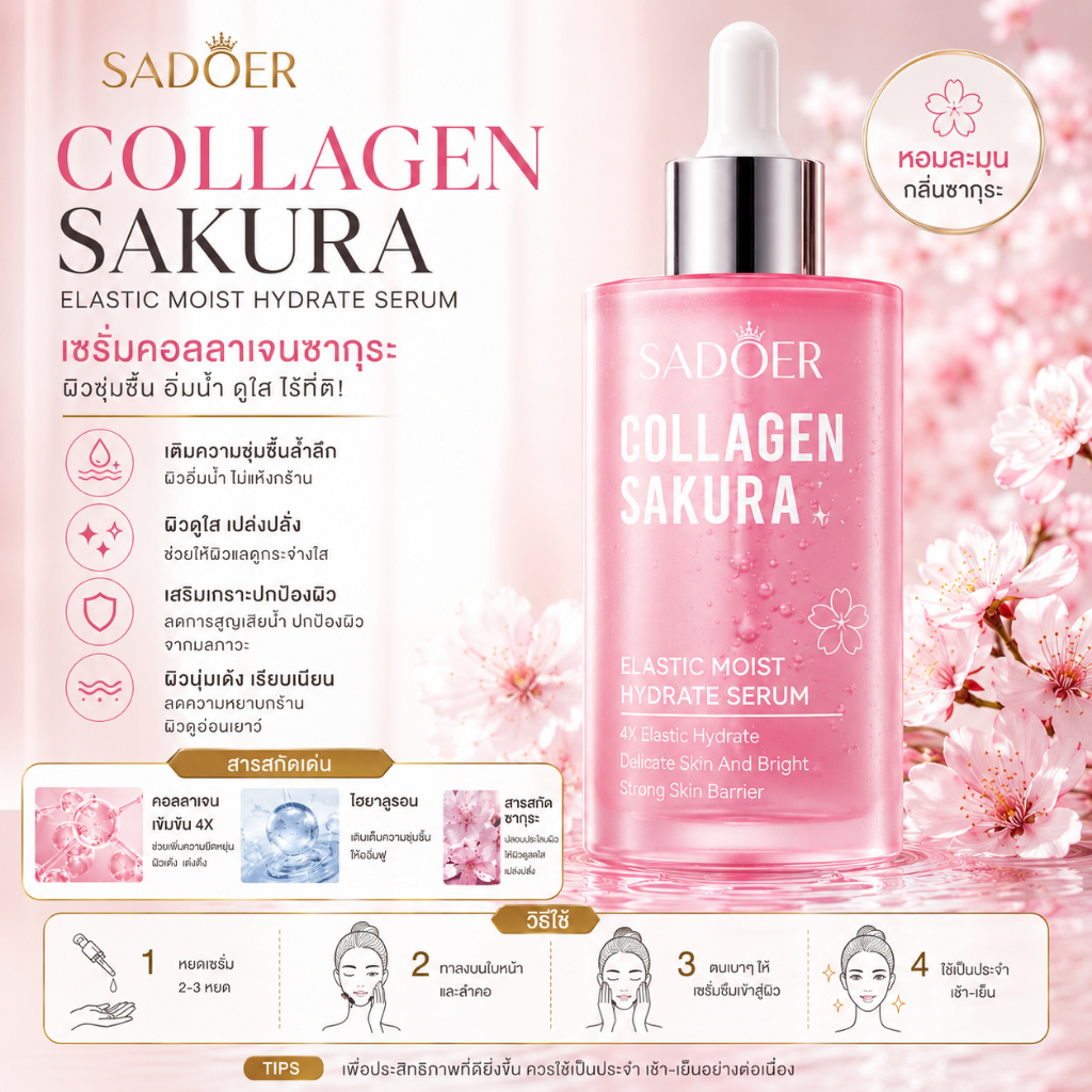 SADOER Collagen Sakura เซรั่มคอลลาเจนบำรุงผิวหน้า ซากุระ 100ml.ขวดใหญ่ไซส์จั้มโบ้