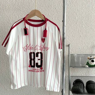 [ส่งไวจากไทย] *แค่เสื้อ* เสื้อแขนสั้นเด็ก สกรีน 83 แนวสปอร์ตลุค สีขาวแดง ทรงโอเวอร์ไซส์ สไตล์เกาหลี เหมาะสำหรับ 5-14 ปี