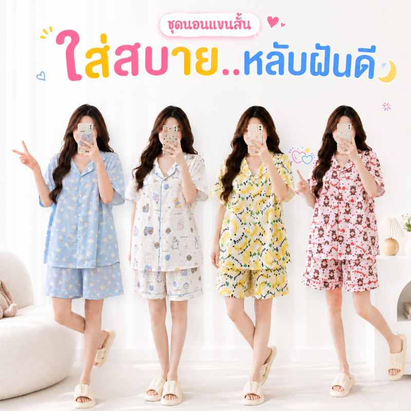 ชุดนอนแฟชั่น ทรงโอเวอร์ไซส์ เสื้อคอปก แขนสั้น กางเกงขาสั้น งานพิมพ์ลาย ผ้าคอตตอนผสม เนื้อผ้านิ่ม สาว