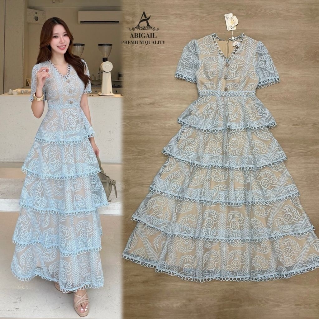 เดรสลูกไม้สีฟ้าออกงาน!!! S-2XL Maxi Dress เดรสขนมชั้น,เดรสสีฟ้าแขนสั้นผ้าลูกไม้ระบาย5ชั้น งานป้าย