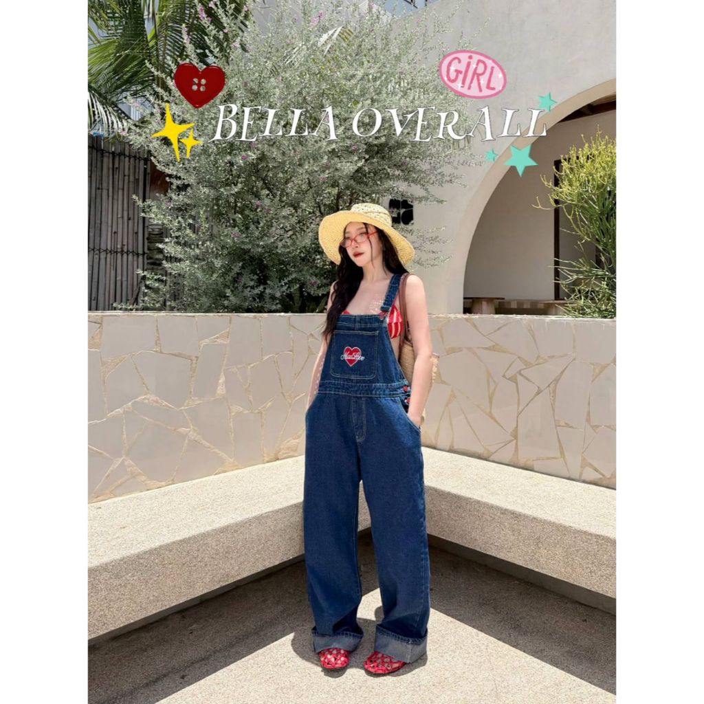 Lazy - C912 - Bella Overalls ชุดเอี๊ยมยีนส์งานปักหัวใจสายปรับได้ ดีเทลกระดุมหัวใจ (ส่งด่วน)