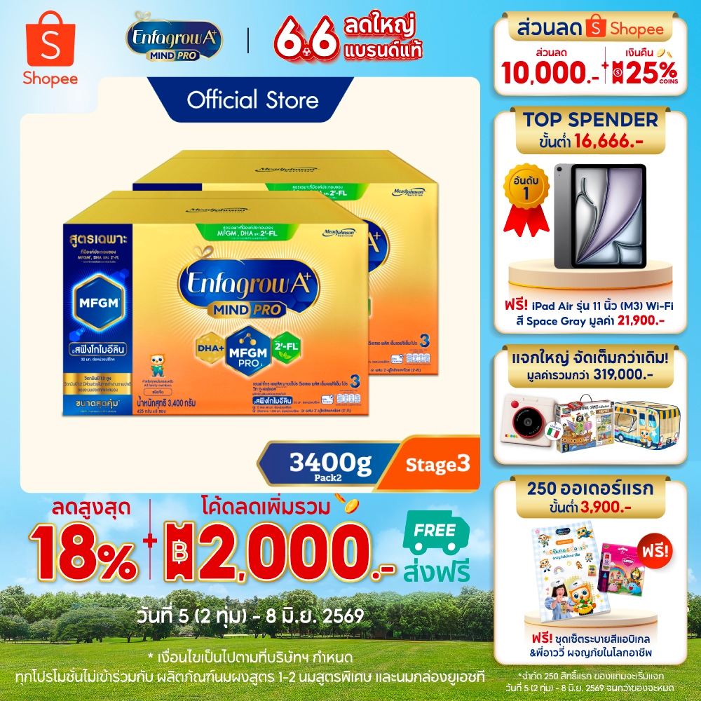 นมผง เอนฟาโกร เอพลัส มายด์โปร สูตร3 ชนิดจืด (3400 กรัม) x2 กล่อง Enfagrow A+ MindPro Stage3 (3400 g)