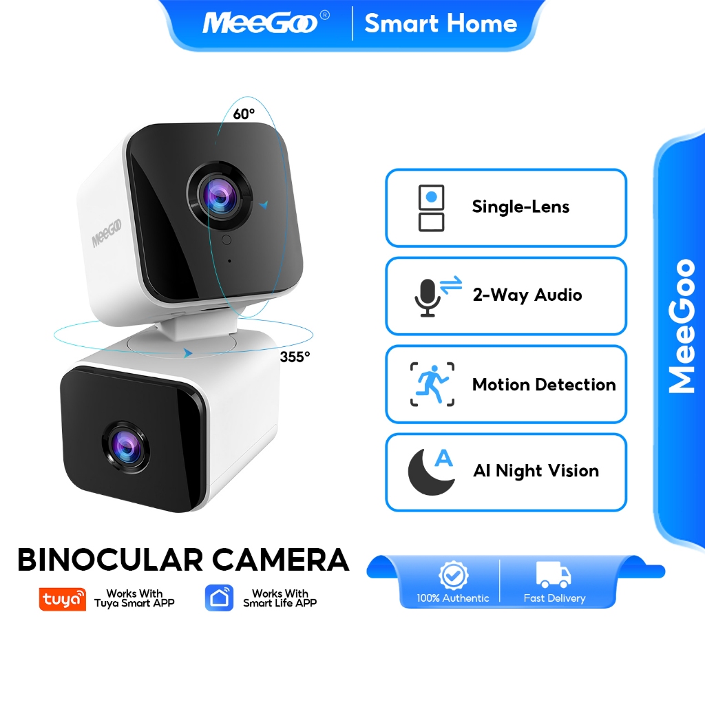 MeeGoo 4MP Dual กล้องวงจรปิด 2 เลนส์ PTZ Camera Wi-Fi2.4G 355°พาโนรามา IR มองเห็นที่มืด ตรวจจับคน
