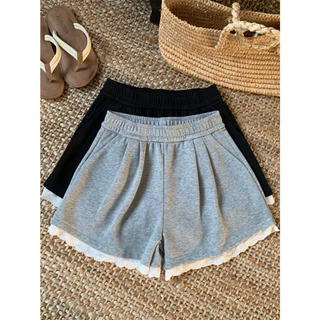 Beryl กางเกงขาสั้นสูงเอวผู้หญิงS-2XL ต่อขอบลูกไม้ สไตล์ลำลอง ขากว้างหลวม สวมสบายจับคู่ง่าย