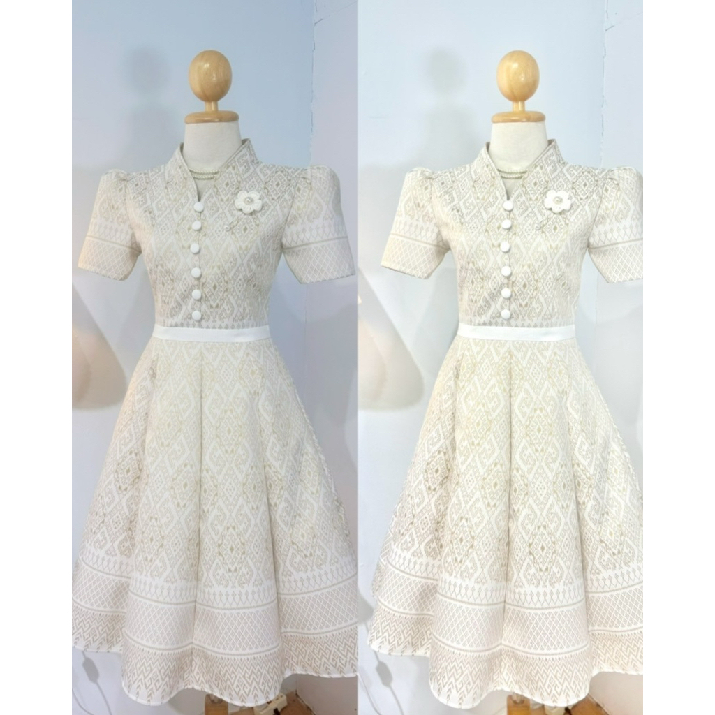 พร้อมส่ง 𝓓𝓮𝓽𝓪𝓲𝓵 เดรสผ้าทอ อัดซับผ้ากาวอย่างดี กระโปรงทรงย้วย 8 ชิ้น