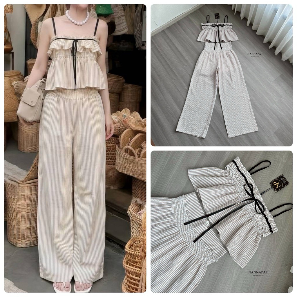 Nannapat Set เสื้อสายเดี่ยว+ขายาว ลายริ้ว