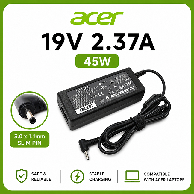 ACER 19V 2.37A 45W 3.0*1.1mm Slim Pin Laptop AC Power Adapter Charger PA-1450-26 Aspire 5 A515-44 A5