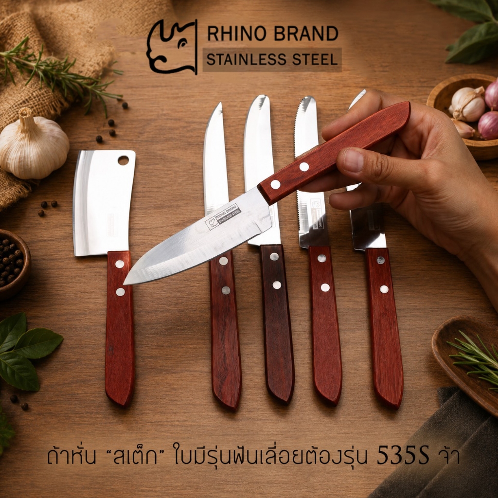 มีดแบรนด์แท้ RHINO BRAND มีดทำครัว ขนาดเล็ก ด้ามไม้ (No.336 430 531 535 535S 539)