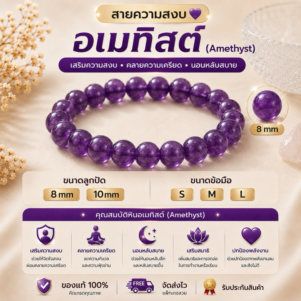 💜 กำไลหินอเมทิสต์ Amethyst หินแท้ เสริมสมาธิ ใจสงบ มีสติ 8mm 10mm