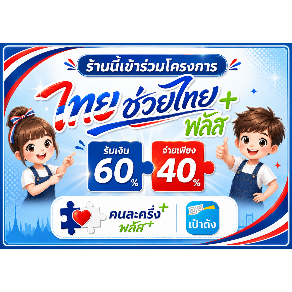 สติกเกอร์ ป้ายไทยช่วยไทยพลัส สำหรับร้านค้า ติดกระจกร้าน ติดได้ทุกพืนผิวในร้านของคุณ ไม่ฉีกขาด