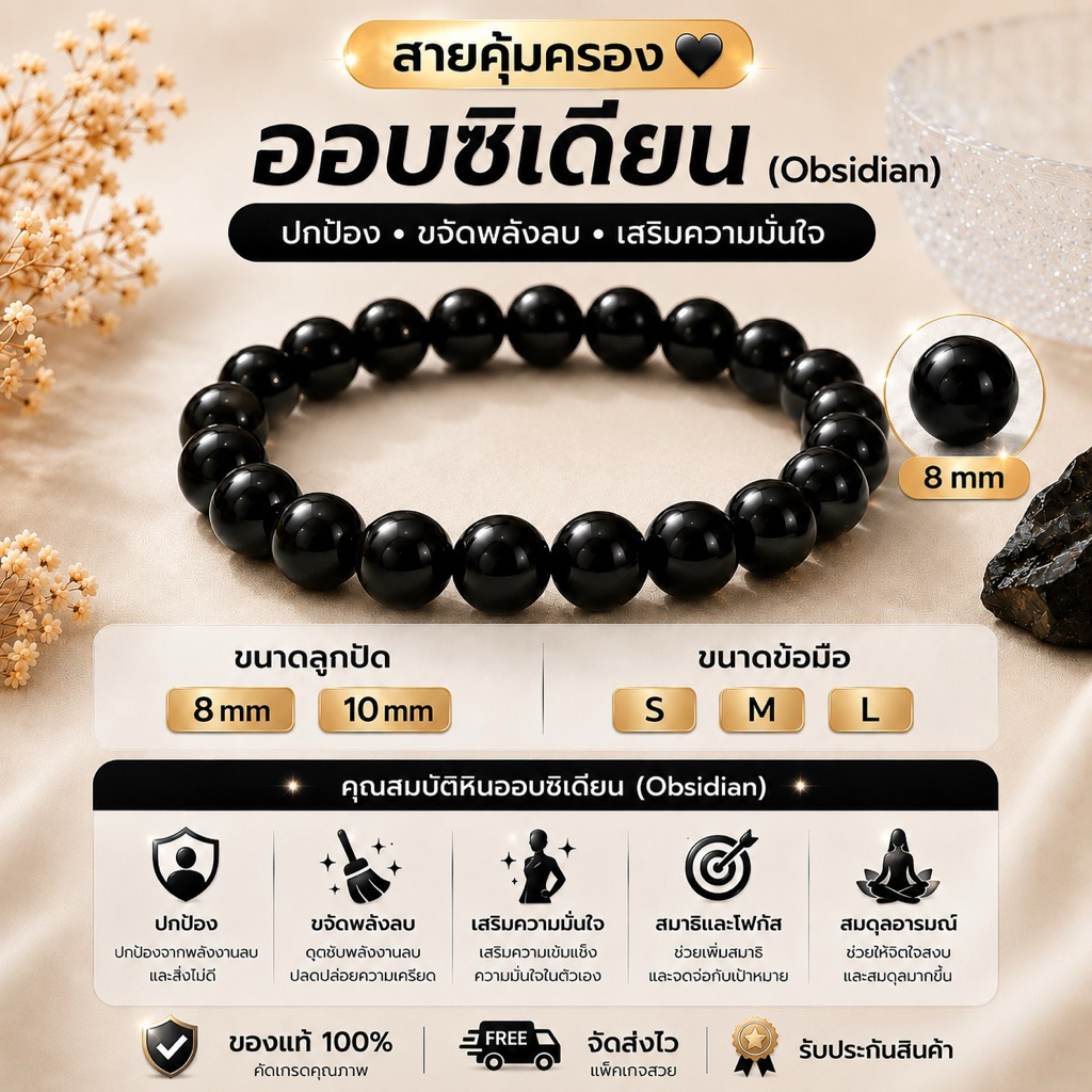 🖤 ออบซิเดียน ปกป้องคุ้มครอง ขจัดพลังลบ ✨ หินมงคล หินนำโชค 8 mm 10 mm S M L พร้อมส่ง