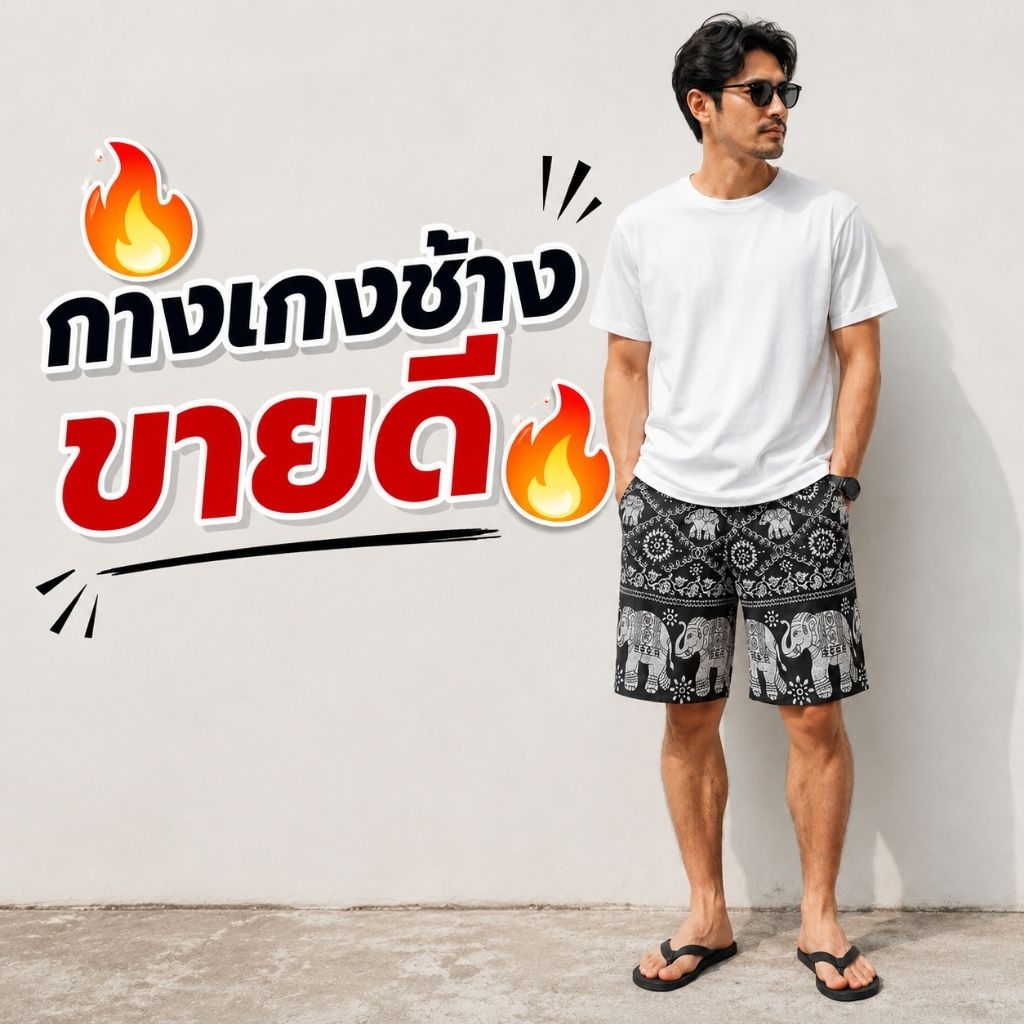 กางเกงขาสั้นผู้ใหญ่ลายช้าง มีไซซ์ให้เลือก มีกระเป๋า ไม่ขาดง่ายใส่ทน ผู้ชายผู้หญิงใส่ได้ ตัดเย็บเองในไทยไม่ใช่งานจีน