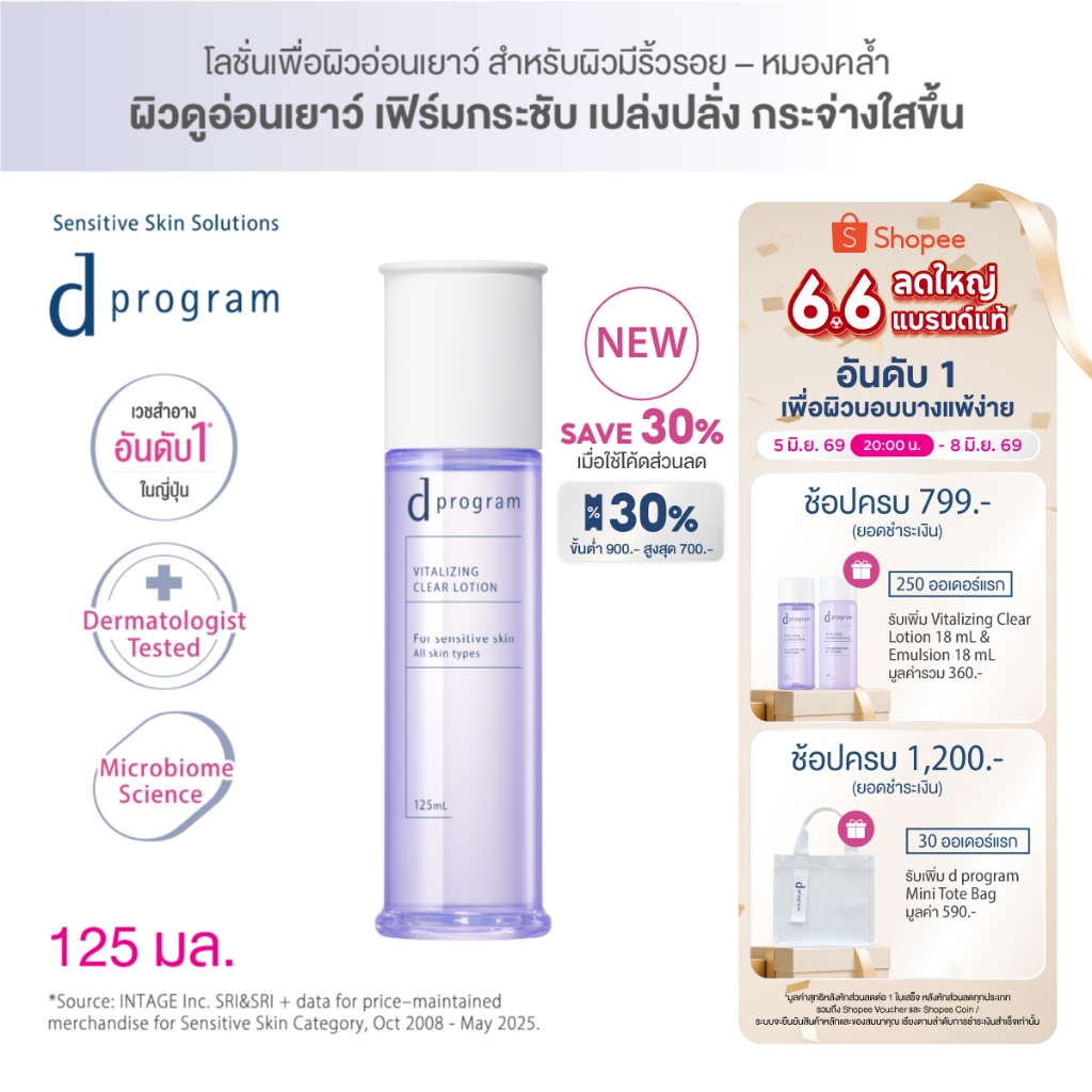 [พิเศษ 6.6 5(2ทุ่ม)-8 มิย 69] [สูตรใหม่!] d program ดี โปรแกรม ไวทอลไลซิ่ง เคลียร์ โลชั่น 125mL