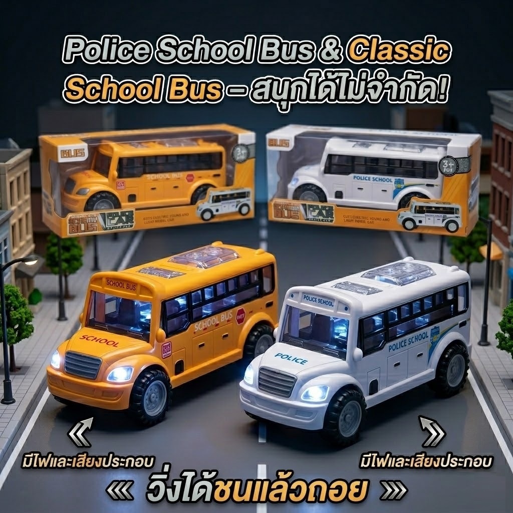 รถบัสโรงเรียน(School Bus) รถบัสตำรวจ (Police School Bus)มีไฟมีเสียงวิ่งได้ สีสดใสคันใหญ่ ดีไซน์น่ารัก