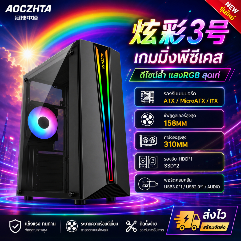 AOC Colorful No. 5 Desktop DIY PC Case, Full Side Transparent, Dustproof, Water-Cooling, ATX Large ATX Case with Cable M