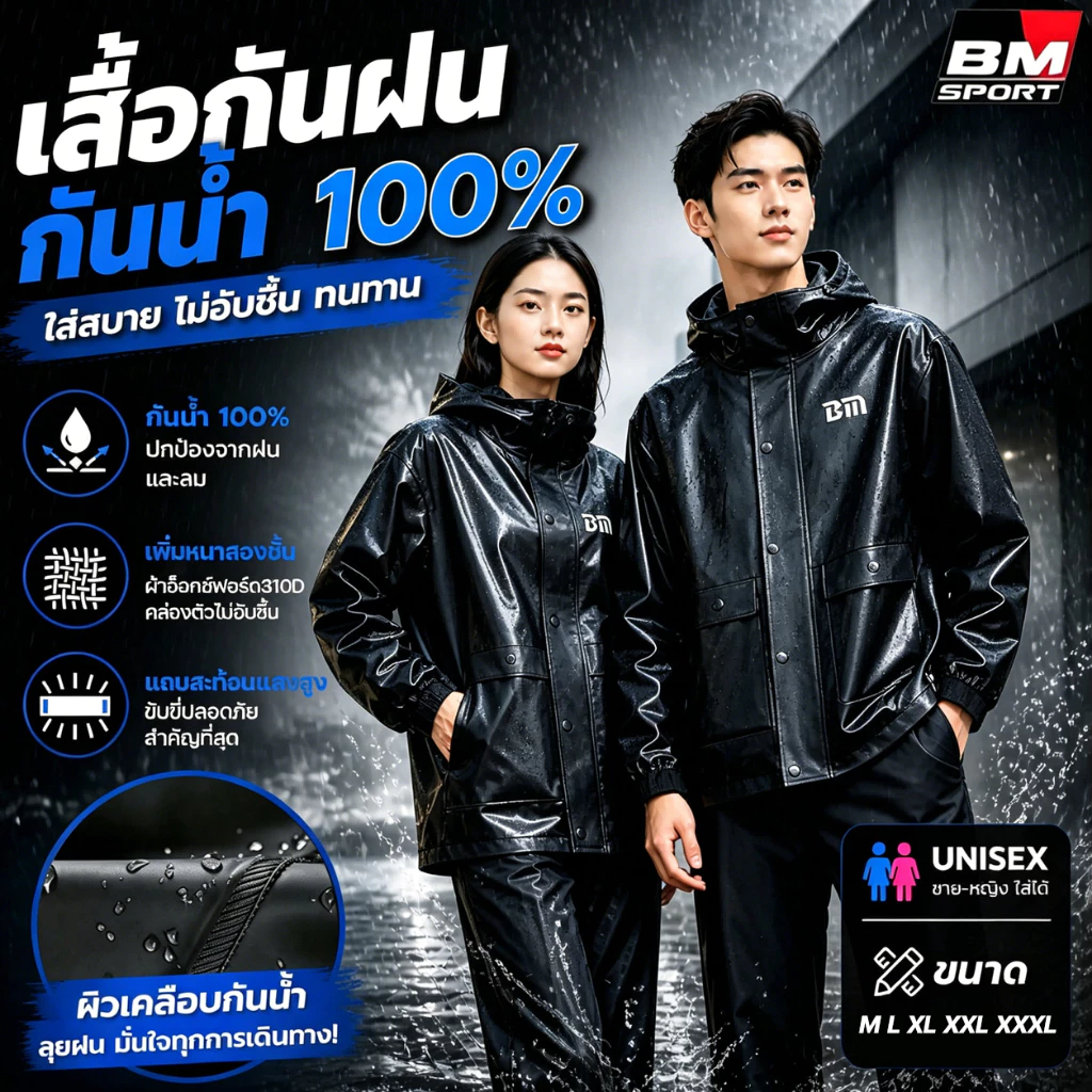 ⛈️50 ปีไม่เสี⛈️เสื้อกันฝนผู้ใหญ่ ชุดกันฝน เสื้อกันฝน มีแถบสะท้อนแสง กันน้ำ 100% กันลม สวมใส่สบาย ชุดกันฝนแบบหนา Raincoat