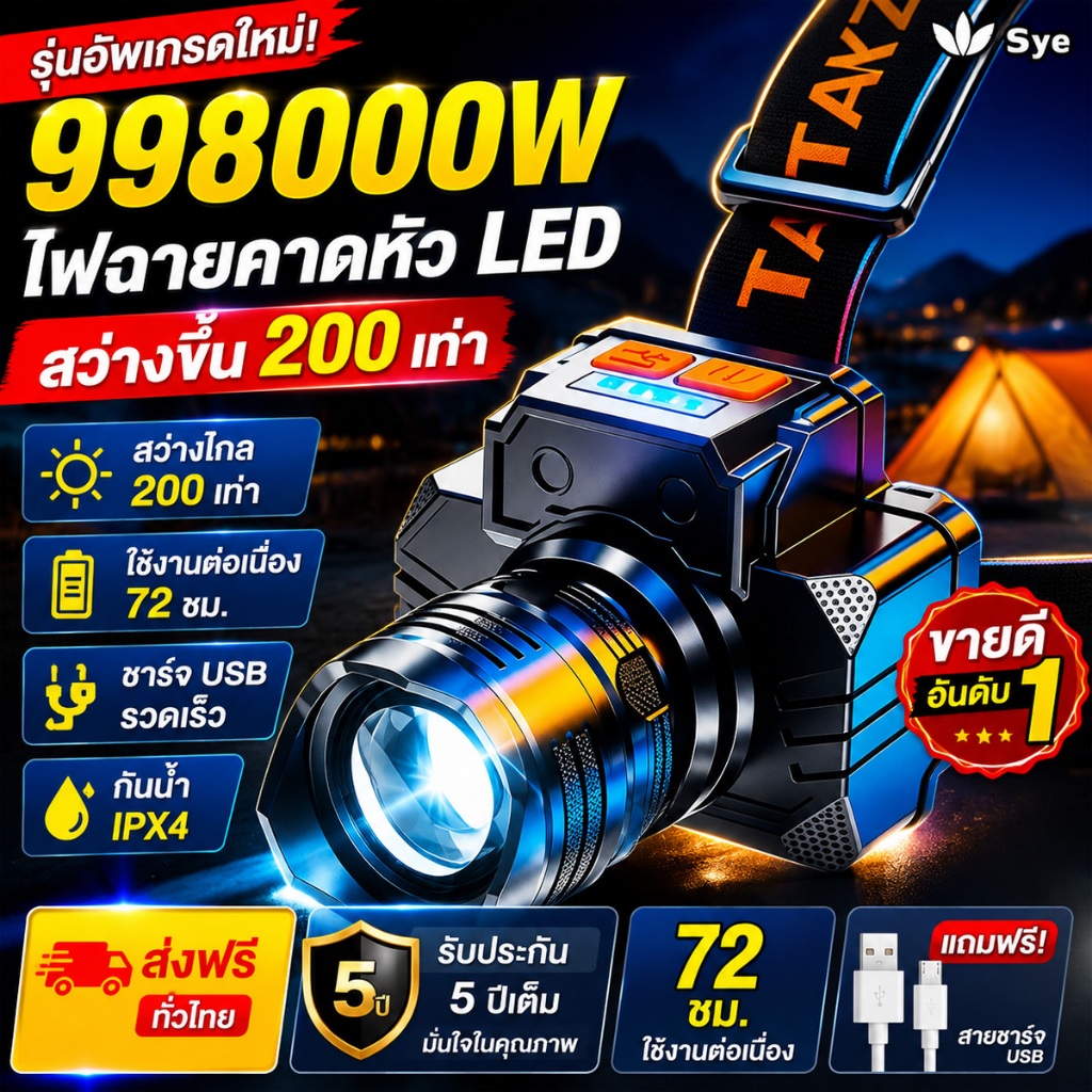 🔥พร้อม3โหมด🔥ไฟฉายคาดหัว LED แสงจ้าหลายกิโลเมตร ใช้งานต่อเนื่องได้ 72 ชม. TYPE-C  ไฟฉายคาดหัวแท้ ไฟคาดหัว ไฟส่องสัตว์