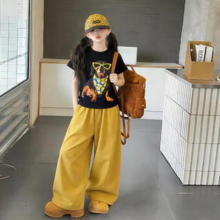 PRINCESS KESLI ชุดเซ็ตเด็กผู้หญิง สไตล์เกาหลี ชุดแฟชั่นสองชิ้น เสื้อแขนสั้นกางเกงคาร์โก้ ขากว้าง ทรงหลวม