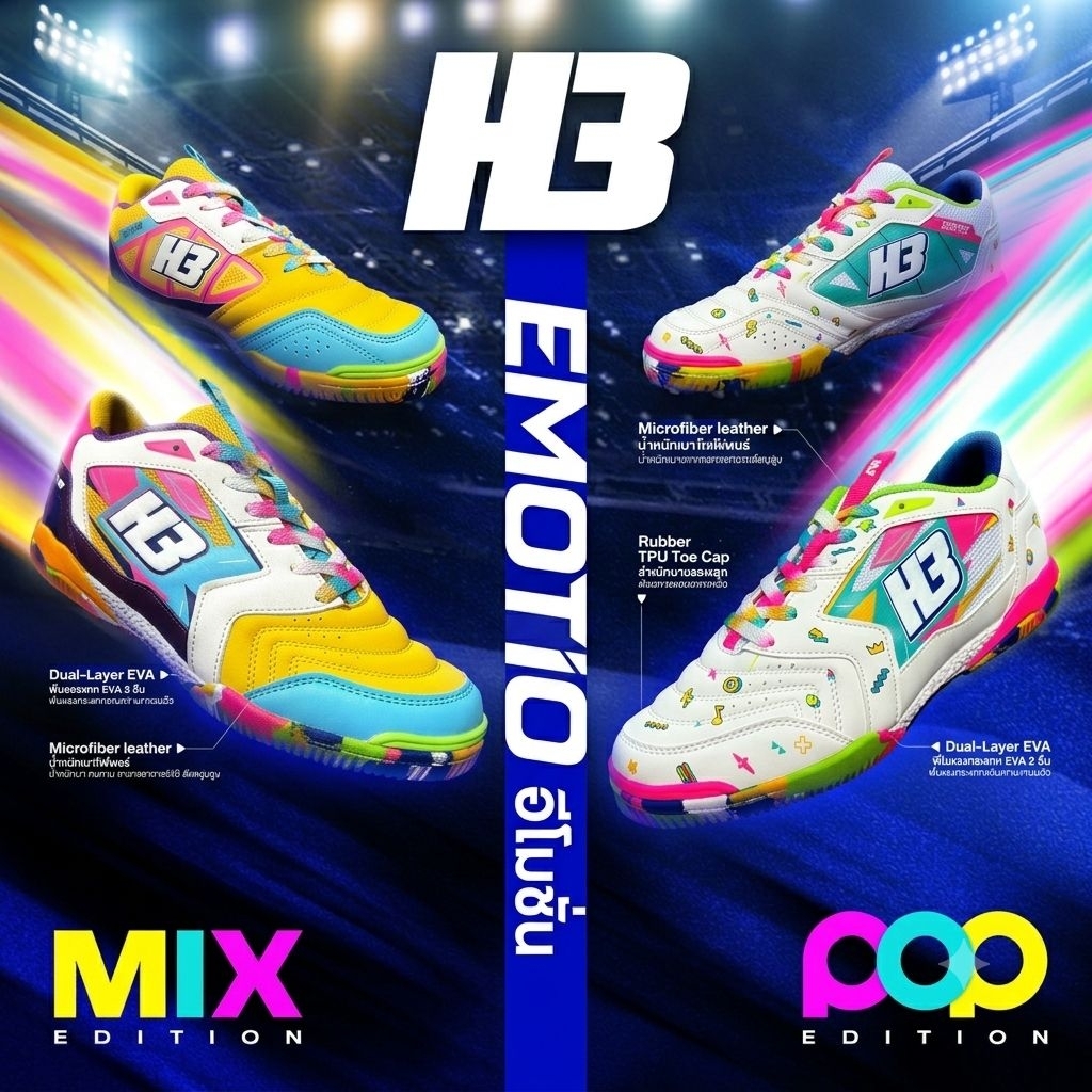 รองเท้าฟุตซอล H3 รุ่น EMOTION มีไซส์เด็ก 35-45