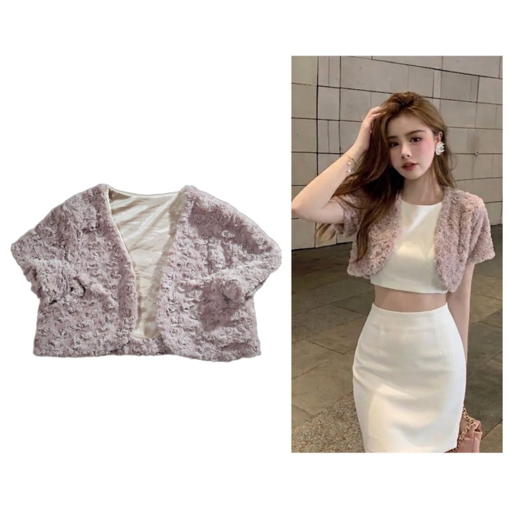 Dellise Noir 💯 เสื้อคลุมทรงครอป ขนหนานุ่ม อก 31-32 ใส่ได้