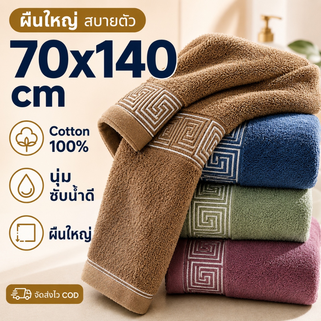 ผ้าเช็ดตัว Cotton 100% ผืนใหญ่ 70x140 ซม. ผ้าขนหนูอาบน้ำ นุ่ม ซับน้ำดี สำหรับใช้ในบ้านและโรงแรม