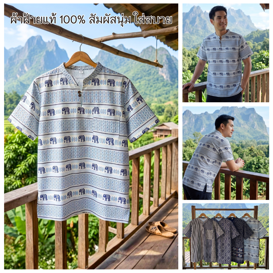 เสื้อผ้าฝ้าย ผ้าพื้นเมือง (หนังกบ) คอจีน กระดุม 2 เม็ด สีดำ แขนสั้น