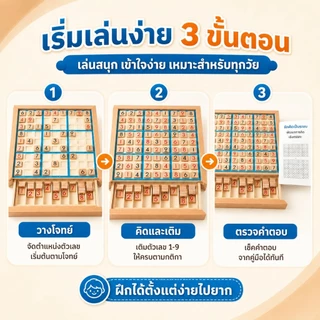 ซูโดกุไม้ 9x9 พร้อมลิ้นชัก เกมฝึกสมองเด็ก บอร์ดเกมคณิตศาสตร์ ของเล่นเสริมทักษะ พร้อมคู่มือโจทย์ 100 ข้อ