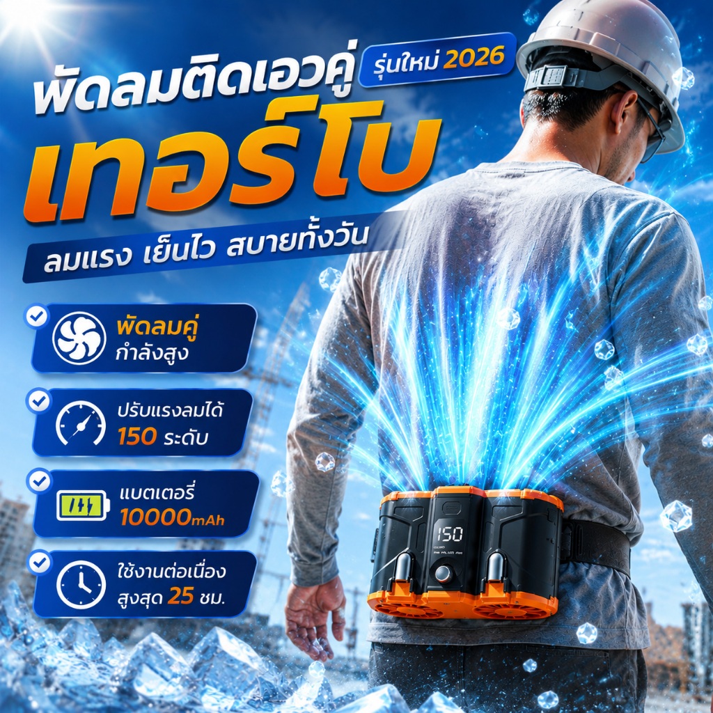 รุ่นใหม่ 2026 10000mAhแบตเตอรี่ พัดลมคาดเอว เด่นเลขอัจฉริยะ ยาวนานต่อเนื่อง จากเช้ายันค่ำ พัดลมติดเอว พัดลมเหน็บเอว