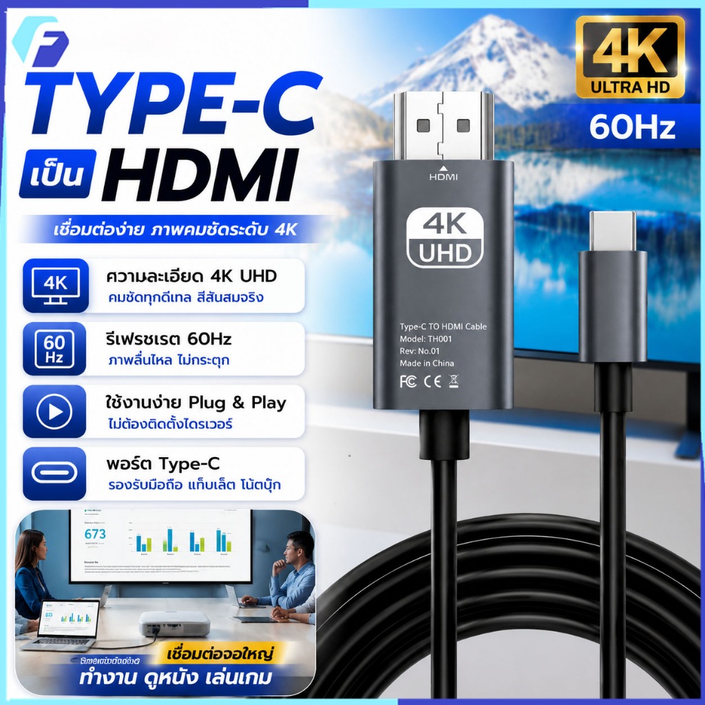 สายเคเบิล Type C เป็น HDMI 4K 60Hz 2 เมตร สำหรับโทรศัพท์มือถือ แล็ปท็อป แท็บเล็ต Macbook HDTV โปรเจคเตอร์