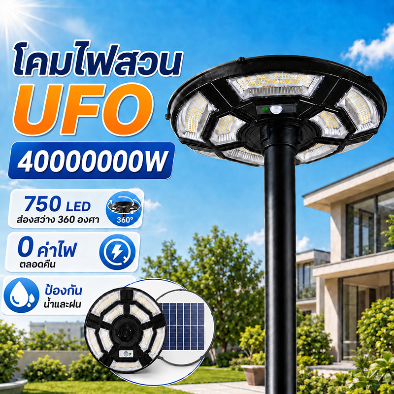 ไฟถนนโซล่าเซลล์ UFO แสงขาว กันน้ำ พร้อมรีโมท ใช้งานกลางแจ้ง สำหรับหน้าบ้าน สวน และลานจอดรถ