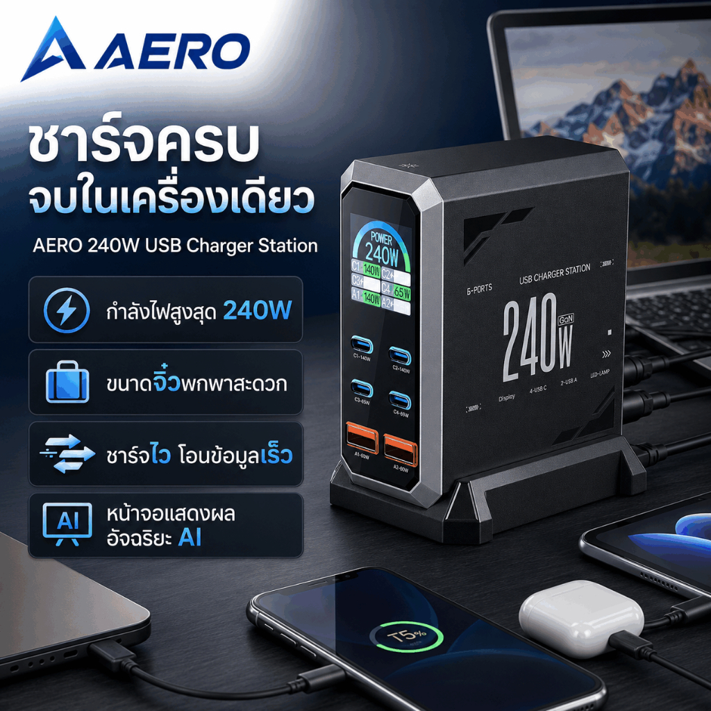 AERO 240W GaN Tech 6-Port USB PD Charger  จอแสดงผลดิจิตอล Fast CHARGING Desktop สถานีชาร์จ เหมาะสำหรับแล็ปท็อป,ip