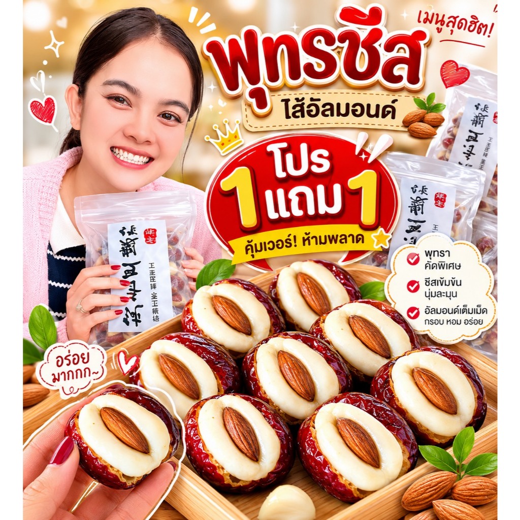 พุทราชีสอัลมอนด์รุ่นใหม่ บรรจุถุงละ 500 กรัม (สินค้าพร้อมส่ง)