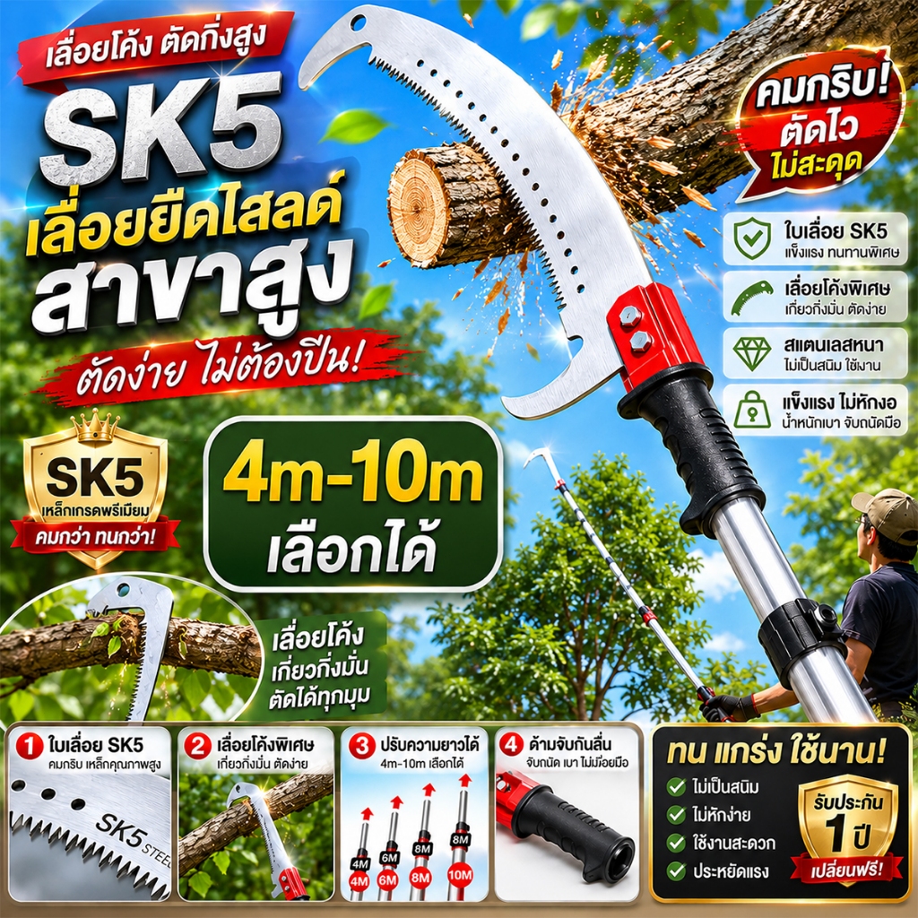 4M-10Mไสลด์สาขาสูง เลื่อยตัดกิ่งแบบยืดหดได้ น้ำหนักเบา ตัดกิ่งสูงได้ง่าย ผู้ช่วยงานสวนที่ขาดไม่ได้ตัดแต่งกิ่งได้คล่องตัว