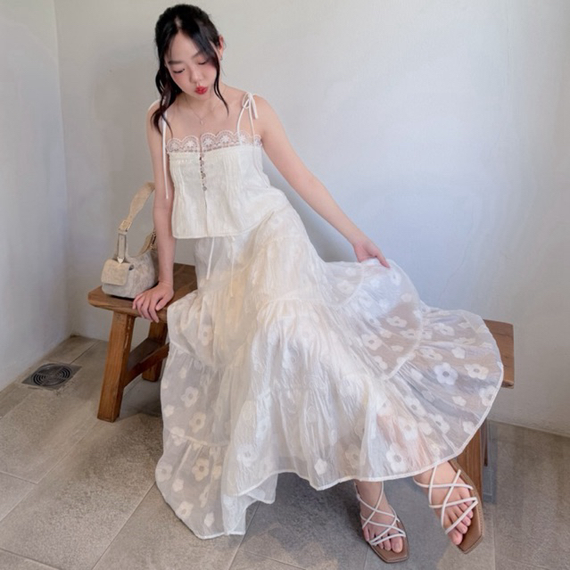 (flower Pre ส่ง 12 มิ.ย.)TheBlancPale : Oren skirt (กระโปรงเท่านั้น)กระโปรงระบาย ชั้นๆ ผ้าไม่ยับ กระโปรงผ้าไม่ต้องรีด