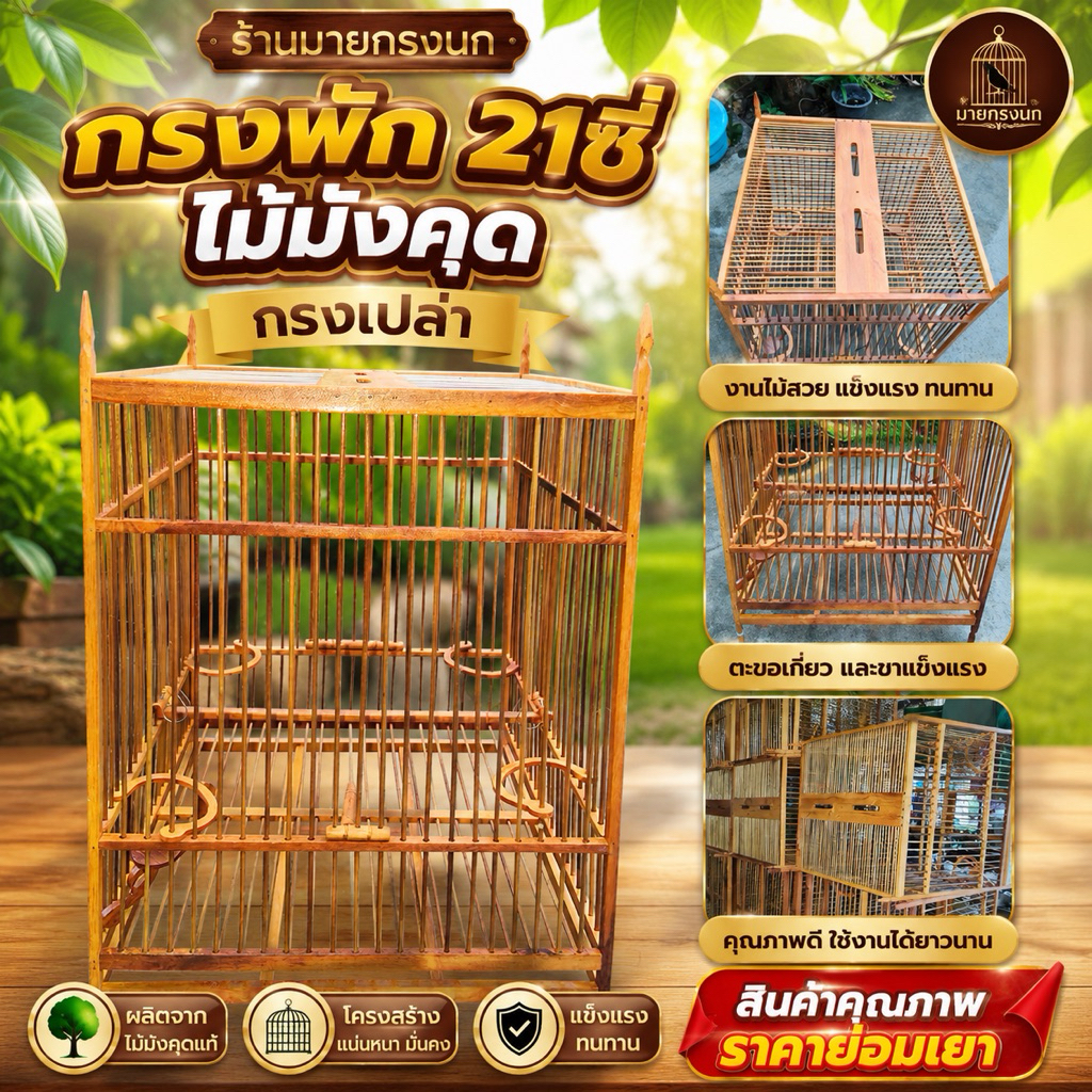 🔥กรงพัก 21 ซี่ >ไม้มังคุด< กรงเปล่า งานสวย แข็งแรง🔥